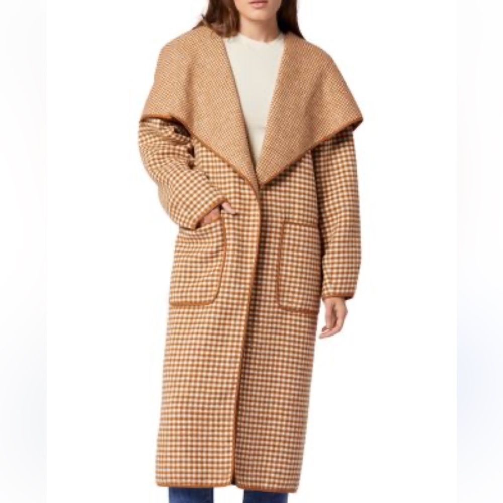 Joie Chantal Tan Camel Gingham Shawl Collar Coat size Medium